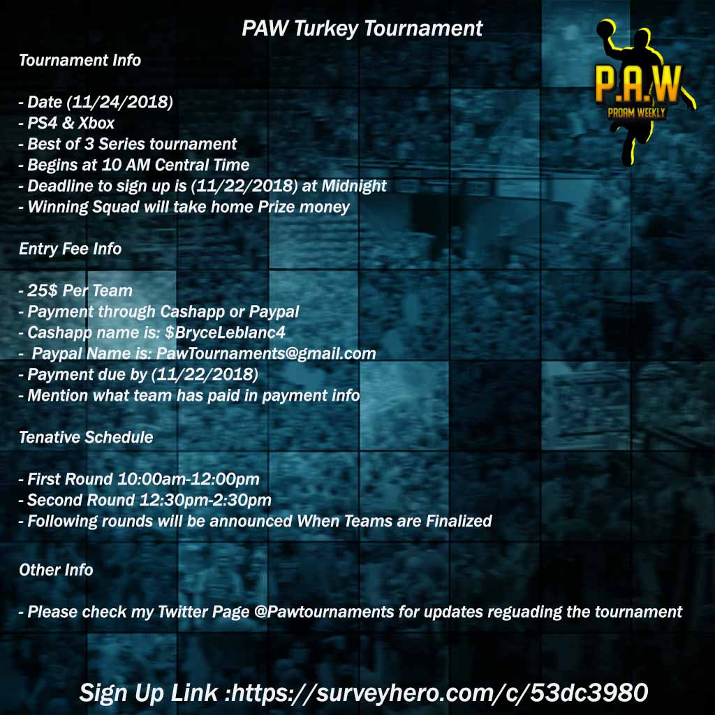 PawTournaments's tweet photo. PAW Turkey Tournament Info Below

Saturday November 24th!
Link in my bio to Register!
Check info below for more details!
Dm me for any questions!

@WalkOnWarriors @2KCrewFinder @NBA2Kplus 

#nba2k19 https://t.co/hqilQuyy6q