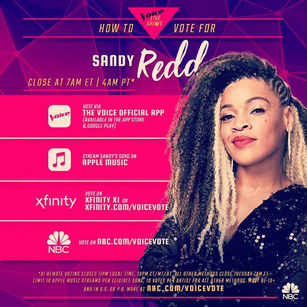 SandyReddMusic's tweet photo. VOTE 4 SANDYREDD FOR TOP 11...It Begins Again Tomorrow Night
1. Stream My Song on Apple Music
2. Download The Voice App & vote
3. Visit https://t.co/8PjN3K3vb9 and vote
4. Vote through https://t.co/apz7Fhkw9M
#TheVoice #TeamSandyRedd #TeamJHud #ReddFever #RockSoul
@nbcthevoice https://t.co/K3vhD1Xham