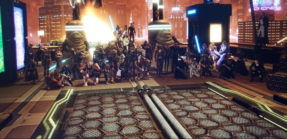 SokanGaming's tweet photo. Knights and Lords of Sokan met for a cross faction RP to fight over the largesse of the Hutts! Lords emerged victorious among the neon trees! #swtor #knightsofsokan #lordsofsokan https://t.co/5HEFksU9JV