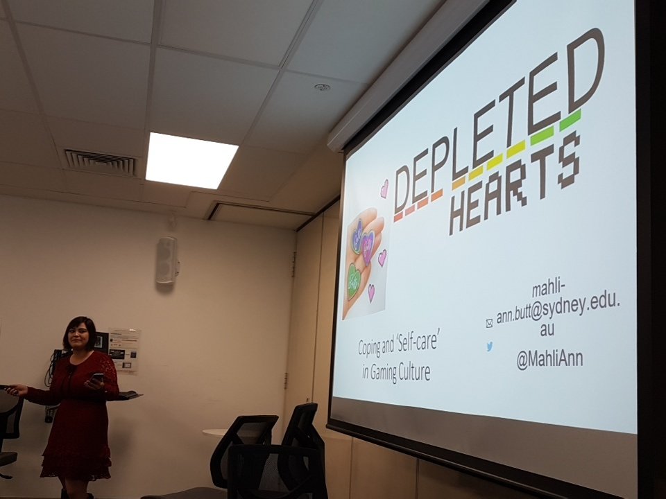 calbarrantorres's tweet photo. @MahliAnn on self-care in gaming culture, amazing research #code2k18 cc @ggoggin https://t.co/3of4h9QSsY