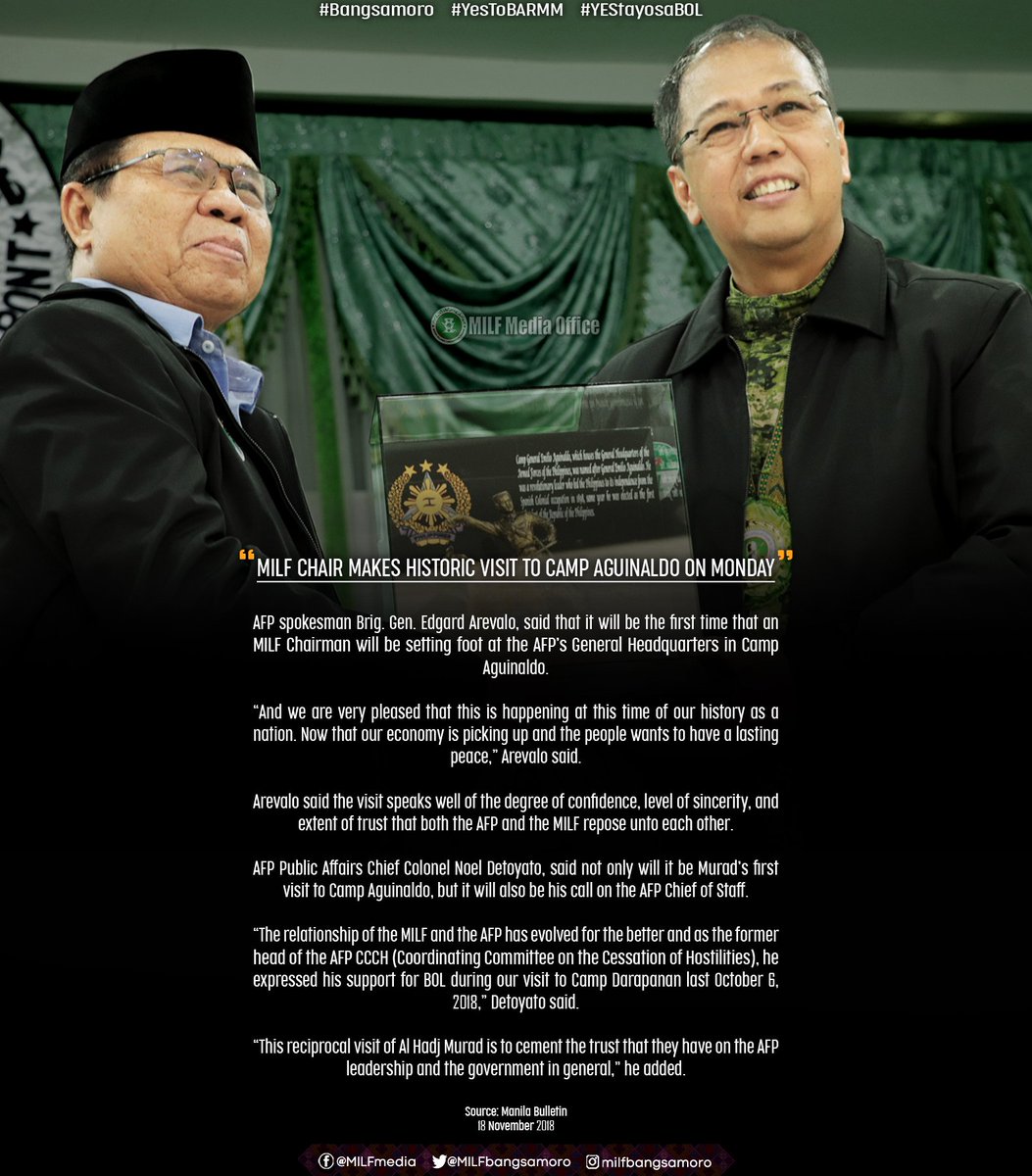 MILFbangsamoro's tweet photo. “MILF CHAIR MAKES HISTORIC VISIT TO CAMP AGUINALDO ON MONDAY”

Source: Manila Bulletin
18 November 2018

#Bangsamoro https://t.co/87ii1p2XGK