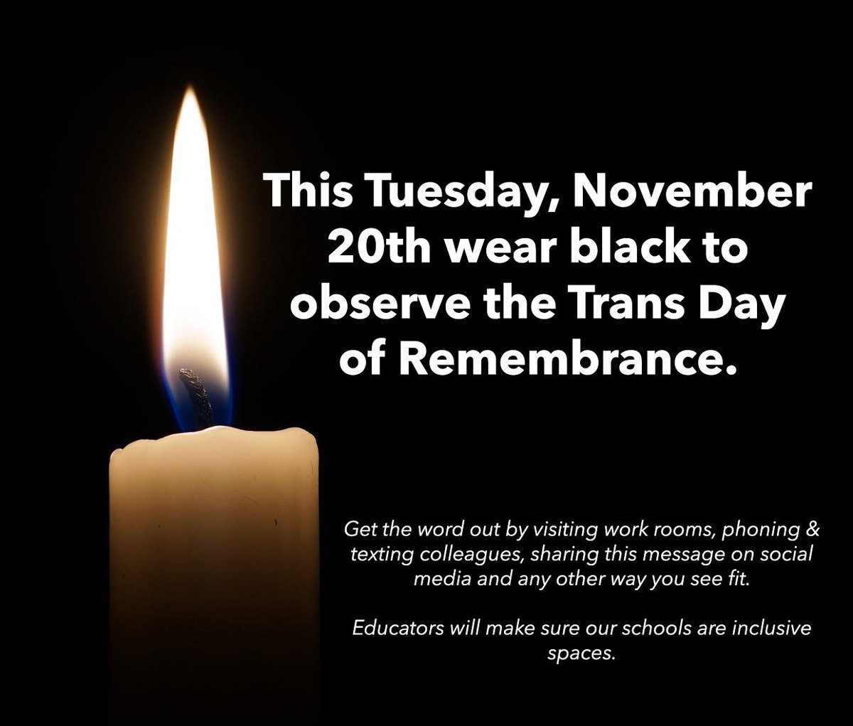 SLAR2023's tweet photo. Calling on all #ETFO members to wear black this Tuesday Nov 20 to show solidarity on Trans Day of Remembrance!  Time to take a stand &amp; show our support! Make sure you take a picture &amp; get it out on Social Media. @ETFOeducators @OFLabour #Solidarity https://t.co/lhN648AMxt