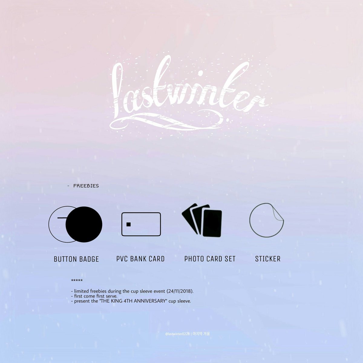 LastWinter0228's tweet photo. [NOTICE PERSONAL FREEBIES DISTRIBUTION BY @LastWinter0228]

📍 COFFEE CAFE DAY, NU SENTRAL.
📆 24TH NOVEMBER 2018
🕙 1000AM - 0400PM

#더킹 #THEKING #HAPPY4THANNIVERSARYTHEKING #ALWAYSYOURQUEEN #THEQUEEN 
#가수 #아이돌 #보이그룹 #stallionentertainment #스탤리온엔터테인먼트 https://t.co/hRSai7YVAS