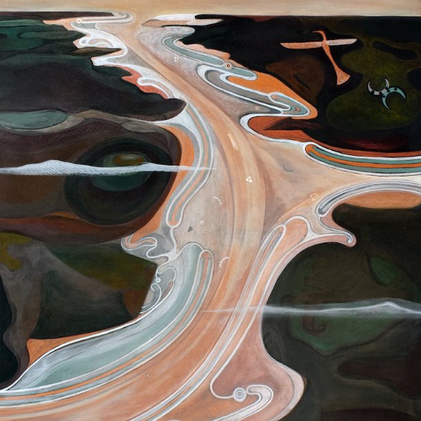 HopkinsArtist's tweet photo. Detail photo of my "Hokianga' painting.  Painted from the perspective of someone flying over the habour #maoriart #newzealandart #painting #retrospective #comingsoon @WhangareiArtMuseum https://t.co/dibMq6vz5Q