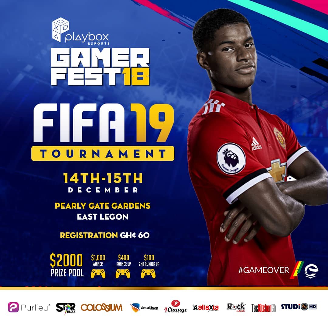 esportsGhana's tweet photo. #Gameover GAMERFEST18 
14-15 December @pearlygatesgh 
Hosted by @playbox_gh with support  from @starbuzzgh @egotickets @studiohdgh @virtualunion @4changeinitiative @TecKitchenGh @MyBOOtv @Purlieuapp https://t.co/f4zZrrwIeE
