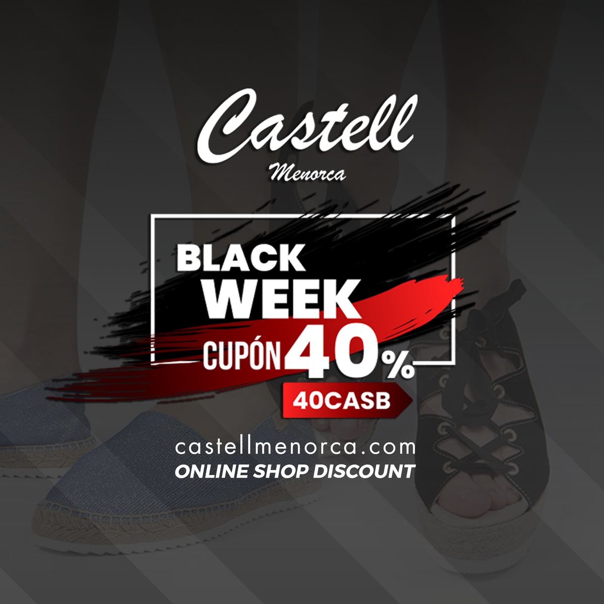 ⚫ Comienza la Castell Menorca #BLACKWEEK ⚫
¡Consigue tus #menorquinas, sandalias o alpargatas favoritas con un 40% dto. en toda la tienda online! Elige tu par favorito Made in Menorca.
👉 Cupón 40% DTO.: 40CASB 👈
¡Entra ya! ➡️ castellmenorca.com