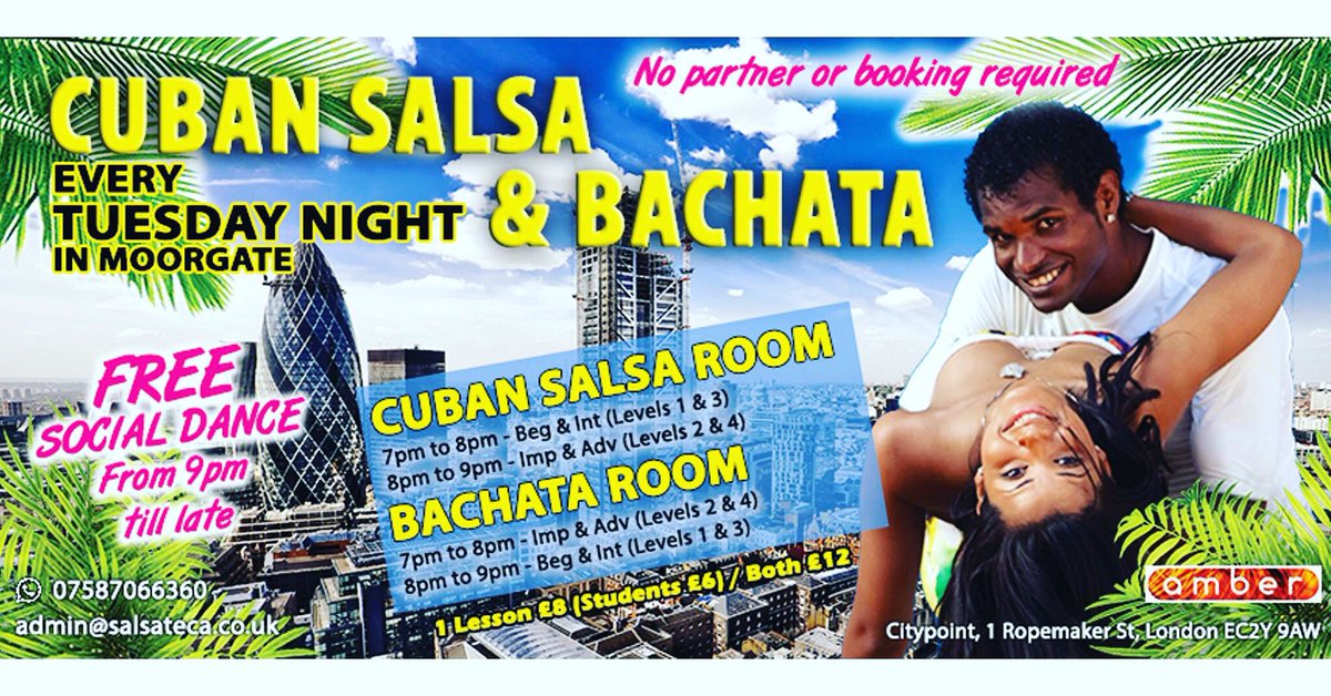 SalsatecaLondon's tweet photo. IF YOU WANT TO ENJOY CUBAN LESSONS + BACHATA THEN OUR TUESDAYS NIGHT IN MOORGATE IS THE PLACE TO BE.!!
Amazing instructors ~ Superb Lessons ~ Fantastic Music and FREE SOCIAL DANCE from 6:30pm till late..!
https://t.co/01ZFnE9Wgr
#salsa #cuba #cubansalsa #dancing #london #amberbar https://t.co/itROsq0HoE