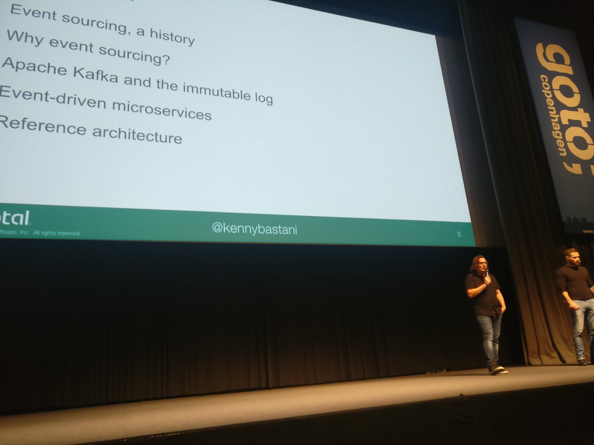 Excellent architecture talk by @kennybastani and @JakubPilimon on Event Sourcing. Love the historical references! #GOTOcph