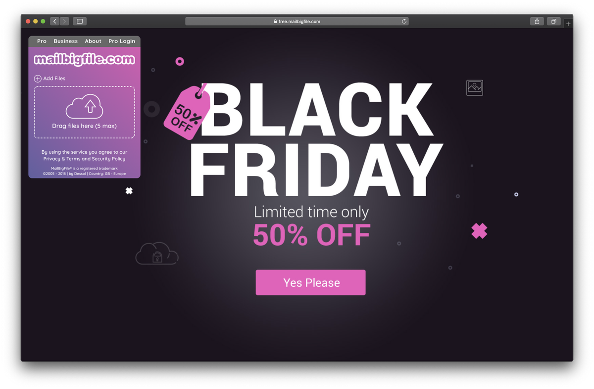 mailbigfile's tweet image. #BlackFriday #MailBigFile Sign up for a Yearly Pro or Business Full Account by the 30th November and get 50% Off the first year! Use discount code BLACKFRIDAY2018 free.mailbigfile.com/email_newslett…