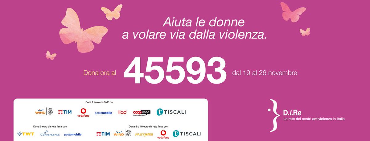 CentroDonnaPd's tweet photo. 🦋Aiuta le donne a volare via dalla violenza 🦋 
Dal 19 è attivo l'sms solidale per @direlaviolenza 
Dona al numero 45593 con un messaggio o una chiamata, sostieni i Centri Antiviolenza italiani, dai un'opportunità alle donne che hanno subito violenza.
#alidiautonomia https://t.co/LrjsB5tGo8