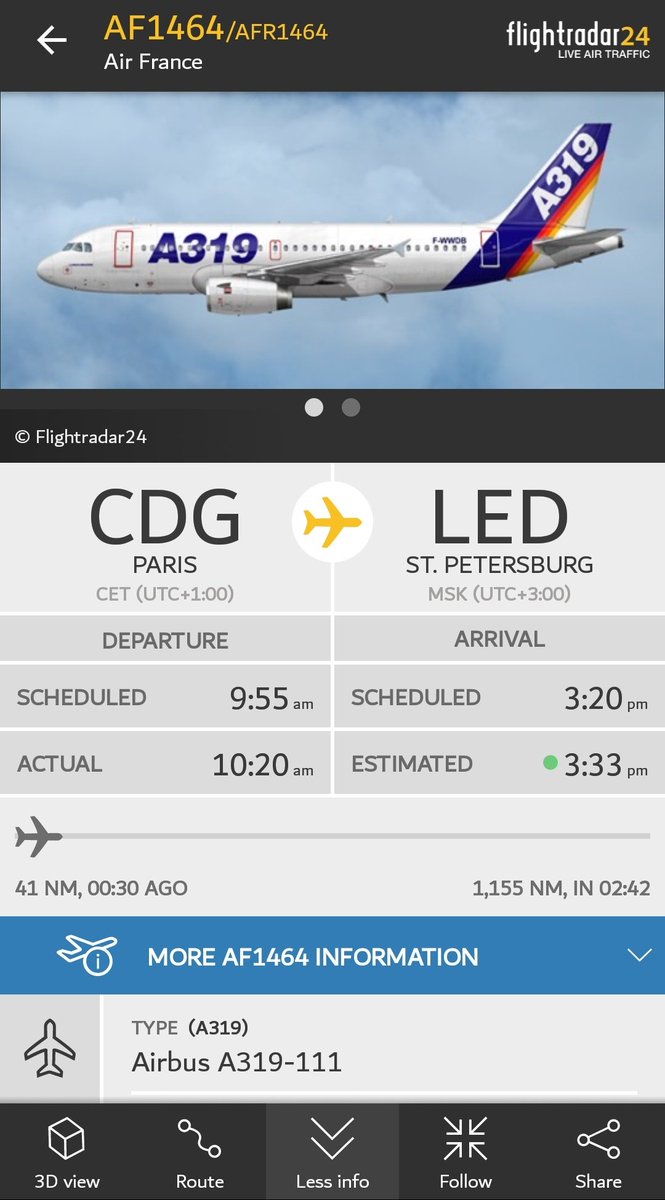 HQudah's tweet photo. #Aviation
#Airfrance flight #Airbus 319-111 C/S: #AF1464
From #CDG paris to #LED St.Petersburg 
has declared General #emergency #SQ7700,  25 min after departure flight was cancelled and now flying back to land its base CDG Paris https://t.co/eyFiGgtDgK