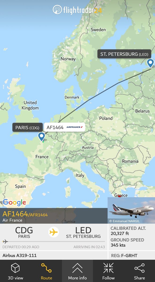 HQudah's tweet photo. #Aviation
#Airfrance flight #Airbus 319-111 C/S: #AF1464
From #CDG paris to #LED St.Petersburg 
has declared General #emergency #SQ7700,  25 min after departure flight was cancelled and now flying back to land its base CDG Paris https://t.co/eyFiGgtDgK