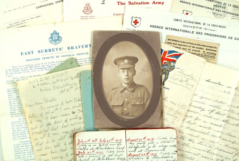 For #armistice100 the archives of Teddy Cutt of Shalford, a private in the East Surrey Regt 9th Bn, are even more poignant. Killed in 1915 aged just 18, his story is told by an extraordinary collection of papers kept by his fiancée, Ellen (Nellie) Dabbs. #archiveanniversaries 1/2
