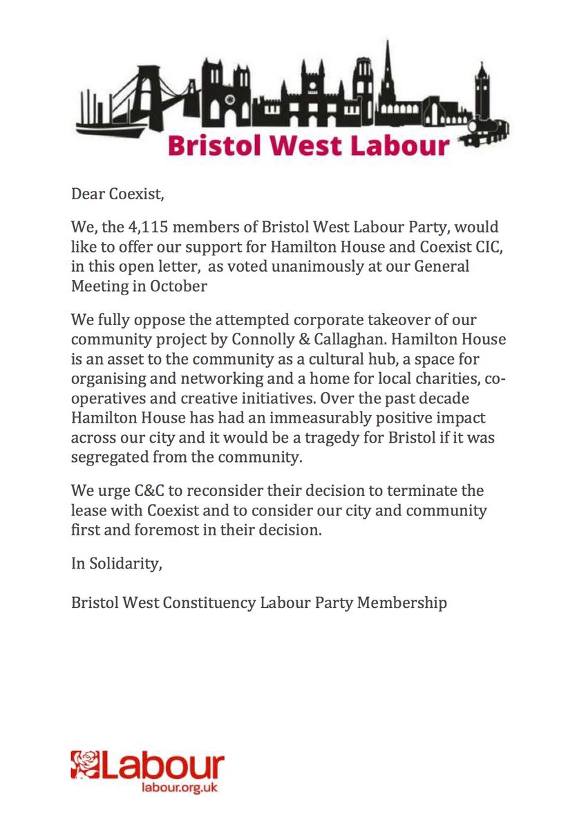FDPritchard's tweet photo. Big thank u to all 4,115 Bristol West @UKLabour Members @bristolwestlab, @ThangamMP & @batfinklives 4 your support 4 @CoExist_UK & @HamiltonHouseBR @SaveHamHouse & for calling out C&C 'corporate takeover of our community project' #savehamiltonhouse #peopleoverprofit #letuscoexist https://t.co/duEJeMwUaY