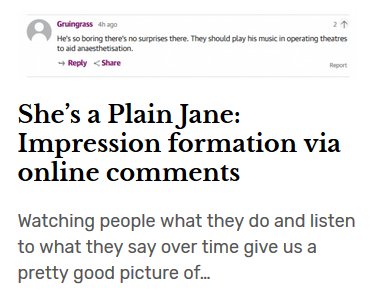 izuzuzi's tweet photo. Please complete the following sentence: People who comment on news online are [...]. What's your association? What I observed about impression formation via online #comments you can read on my blog: https://t.co/4jVSJBX7HJ #PhDLog #scicomm #wisskomm https://t.co/ixTpJyDGaI