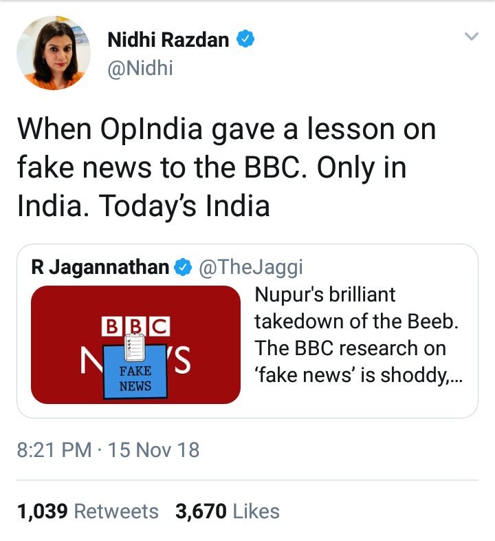 #12 Example of usage of an ecosystem.Nidhi Razdan wants to quash  @UnSubtleDesi's excellent article busting BBC's fake news. Asks Sumanth Raman to tweet about it. He pastes her tweet.FYI he has been made into an opinion maker for Congress, a host on a DD Sports Quiz before.