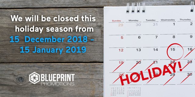 BlueprintProCT's tweet photo. #Team #BlueprintPromotionsย will be recharging their creative minds from 15 December 2018 โ 15 January 2019.ย
#EndofYear #Holiday #Vacation #Excited #HappyHolidays #Marketing #AllDayEveryDay #PromotionalGifts #BlueprintPromotions https://t.co/PbiIxu11Oi