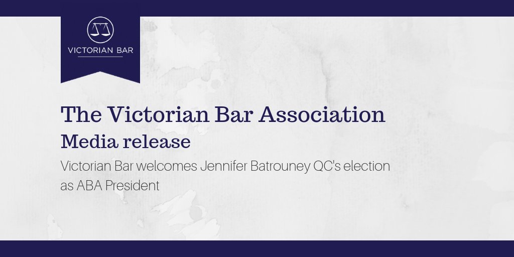 VictorianBar's tweet photo. The Victorian Bar welcomes the election of former Victorian Bar President @BatrouneyQC as President of the @AustBarAssoc for the 2018-2019 year. Read the media release here: https://t.co/yRK1jBlcRu #VicBarLife #AusLaw #WomenInLaw https://t.co/NeQfXcx3gE
