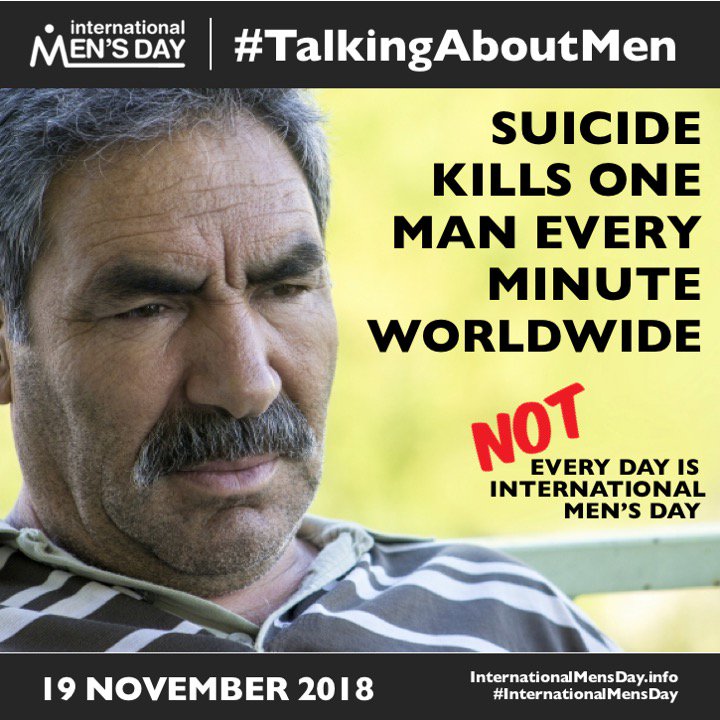 #MaleSuicide kills one men every minute worldwide. 

NOT everyday is #InternationalMensDay! 

Check out more #InternationalMensDay2018 messages here:

internationalmensday.info/international_…

#IMD2018