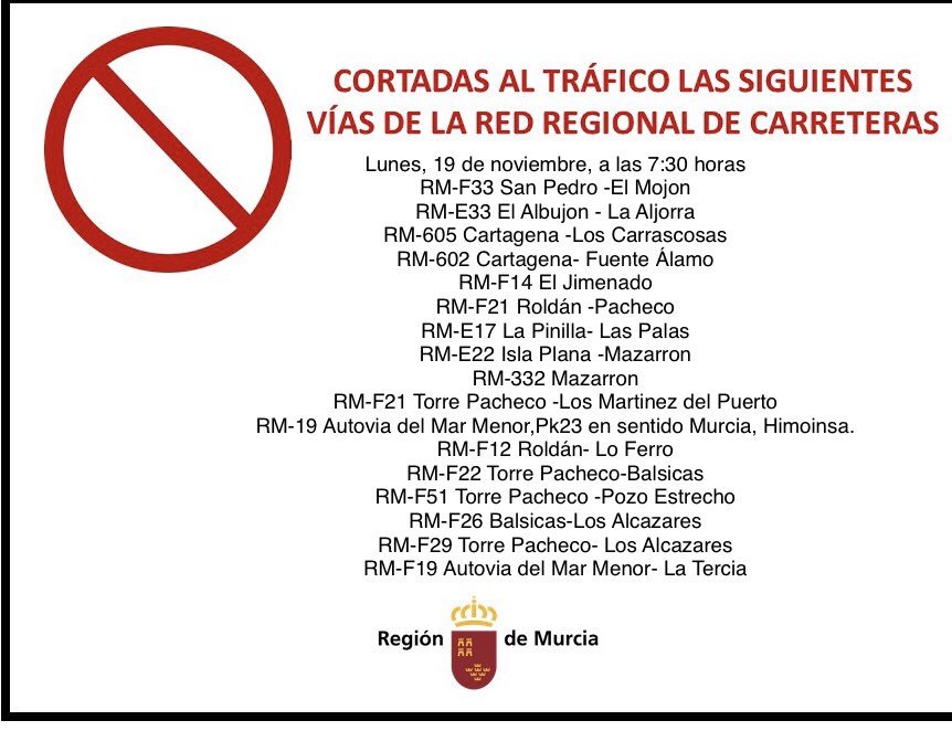 🔴⚠️ A las 7:30 horas, estas son las vías regionales cortadas al tráfico.
