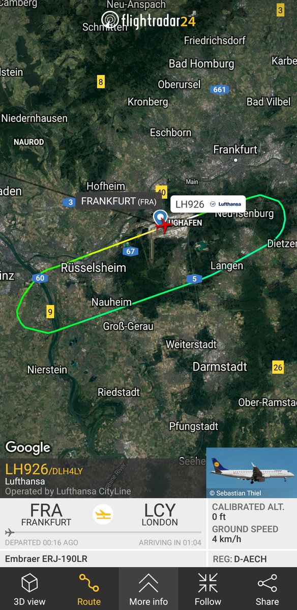 FlightIntl's tweet photo. Lufthansa flight #LH926 (operated by Lufthansa CityLine) from Frankfurt to London City has just declared an emergency and immediately returned to FRA 
https://t.co/HC3GPGIpEt https://t.co/Ef5gU1Y64d
