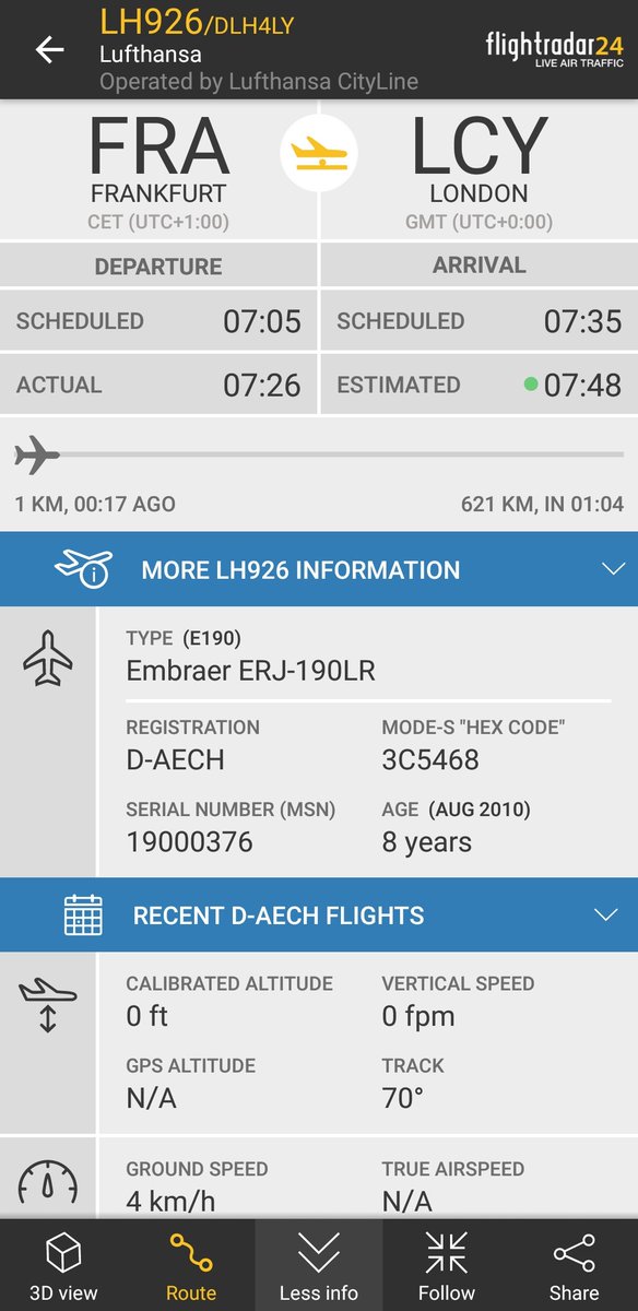 FlightIntl's tweet photo. Lufthansa flight #LH926 (operated by Lufthansa CityLine) from Frankfurt to London City has just declared an emergency and immediately returned to FRA 
https://t.co/HC3GPGIpEt https://t.co/Ef5gU1Y64d