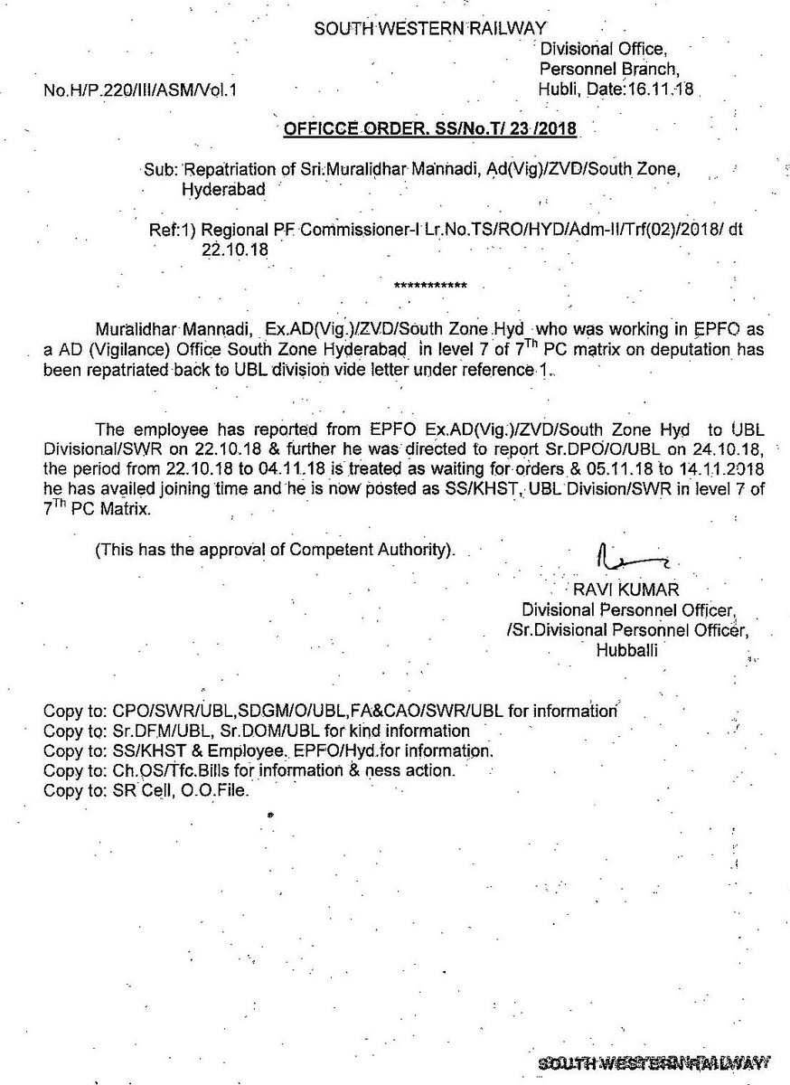 UBLPBranch's tweet photo. @gmswr @swrrly @drmubl Office order https://t.co/4J9MXTbojT dated 16.11.2018
Sub: Repatriation/ posting of Shri Muralidhar Mannadi in SS cadre https://t.co/V4owCkHwsc
