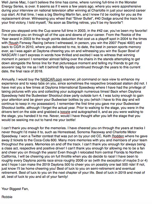 robbie1_russell's tweet photo. Can't believe @jamiemcmurray will not be running full time in NASCAR anymore. I have enjoyed being one of, if not, your biggest fan! Thanks for all the great years and memories! https://t.co/D57e1CEiB6