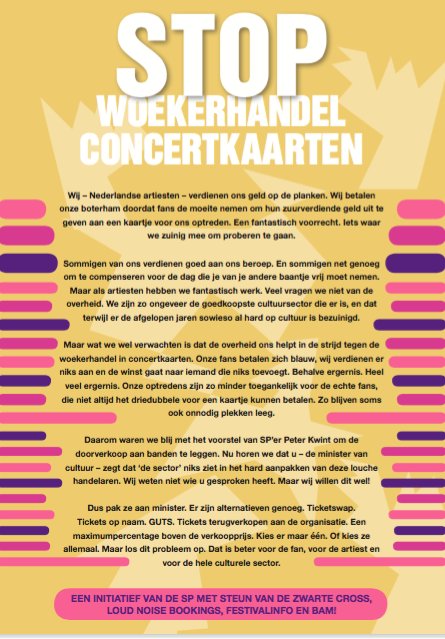 peterkwint's tweet image. Volgens de minister is er geen steun in de sector voor een wet tegen woekerhandel met concertkaarten

Vandaag krijg ik steun van @destaat, @KensingtonNL, @Guusmeeuwis, @RoxeanneHazes, @Blaudzun, @aafkeromeijn en @heideroosjes. Van @zwartecross tot @festivalinfo. 

Regel dit!