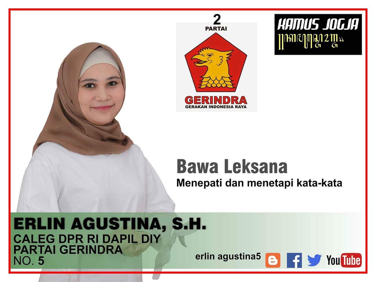Erlin_Agustina5's tweet photo. Bawa leksana: Menepati dan menetapi kata-kata
Kamus Jogja (6)
Arti ungkapanย bawa leksanaย adalah ... https://t.co/gv3uCsi0GY
#bawaleksana
#ErlinAgustina
#DIY
#CalegJogja
#CalegGerindra
#perempuanjogja
#salamsatujiwa
#salamistimewa https://t.co/k0UUqwvrVb