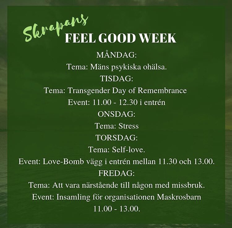 Skrapanselevkar's tweet photo. Hoppas alla haft en bra helg och är redo för en ny vecka! Denna vecka har vi ordnat en tema vecka med fokus på frågor kring psykisk ohälsa och att FEEL GOOD🌟 Håll utkik på våra sociala medier för att se vad som händer!💚#elevkår https://t.co/mpGuHRJX6d