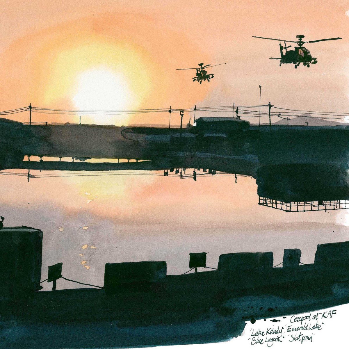 MatthewCook15's tweet image. #sunset over the #stinking #cesspool #Kandahar also known as #LakeCandy #EmeraldLake #BlueLagoon. #ApacheHelicopters #Afghanistan #inkdrawing