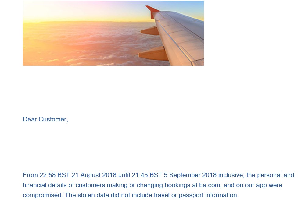 graemepowell's tweet photo. @British_Airways please send contact details to resolve fraudulent transactions using my account as result of your website being compromised 21 August 2018 to 5 September 2018. Tried responding to email you sent but delivery fails. https://t.co/ysJAV735eM