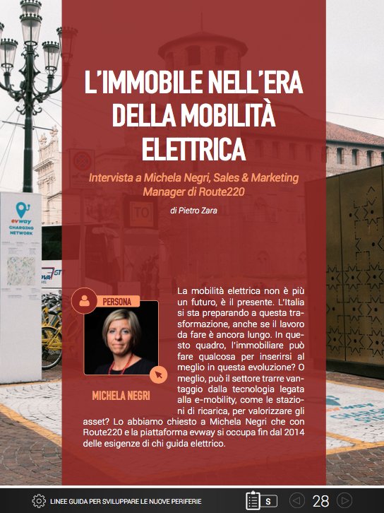 Leggi su Il #SettimanaleQI 
L'immobile nell'era della mobilità elettrica
Intervista a Michela Negri, Sales &amp; Marketing Manager di Route220 ilqi.it/quotidiano-imm… <a href="/Route_220/">Route220</a>