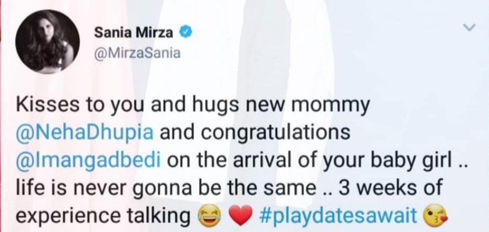 PopularPakistan's tweet photo. @MirzaSania tweeted to congratulate her friend @NehaDhupia who recently became mommy of a baby girl. https://t.co/FhAS5ipdzZ