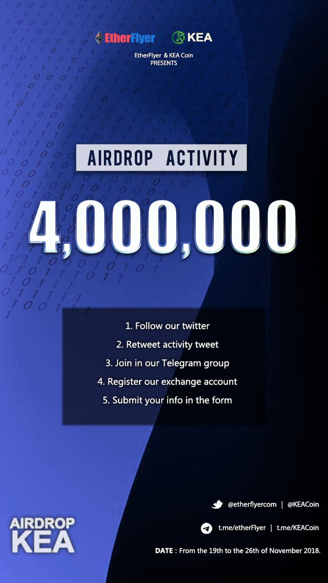 400 millionKEA token airdrop activity! 😀<a href="/KEACoin/">KEA Coin</a>  KEA Coin is released with the intention to use in E-Commerce and Digital Marketing with Reward System  More info：etherflyer.zendesk.com/hc/en-us/artic…