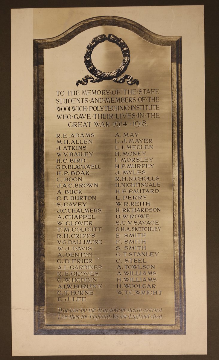 Memorial tablet to the staff & Students of the Woolwich polytechnic who died in #WW1 #ww1centenary #ArchiveAnniversaries #ExploreArchives #GRELibraries @explorearchives @UniofGreenwich