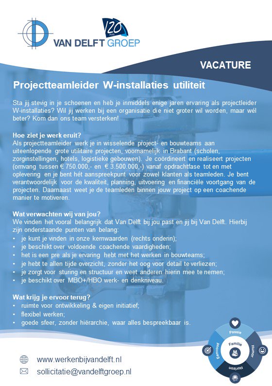 Nieuwe #vacature: projectteamleider W utiliteit! Bekijk al onze vacatures op werkenbijvandelft.nl #Nieuwkuijk #projectteamleider #Winstallaties #utiliteit #werkenbij #leukste #installatiebedrijf