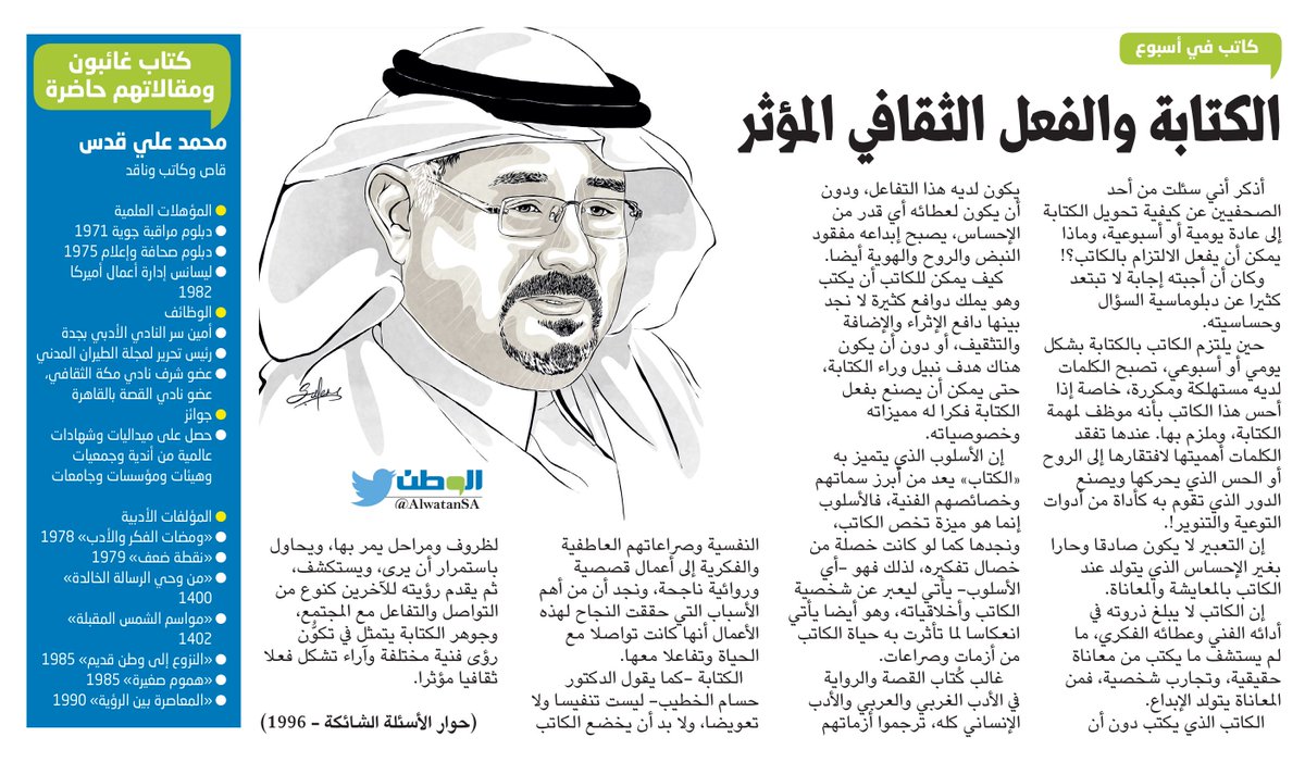 AlwatanSA's tweet photo. الكتابة والفعل الثقافي المؤثر
#بقلم : #محمد_علي_قدس
#مقالات صحيفة #الوطن
https://t.co/CsjOpCV5oo https://t.co/oo4Z0L03RL