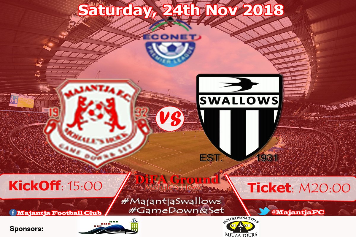 MajantjaFC's tweet photo. 🚨 FIXTURE ALERT! 🚨
Match #9
⚽️ @MajantjaFC vs #SwallowsFC
📆 SAT | NOV 24
⏰ 3PM
🏟 DiFA Ground, Mohale'S Hoek
🎟 M20.00
#EPL #MajantjaFCSwallowsFC #GameDownAndSet https://t.co/Ad6DR1xYtv