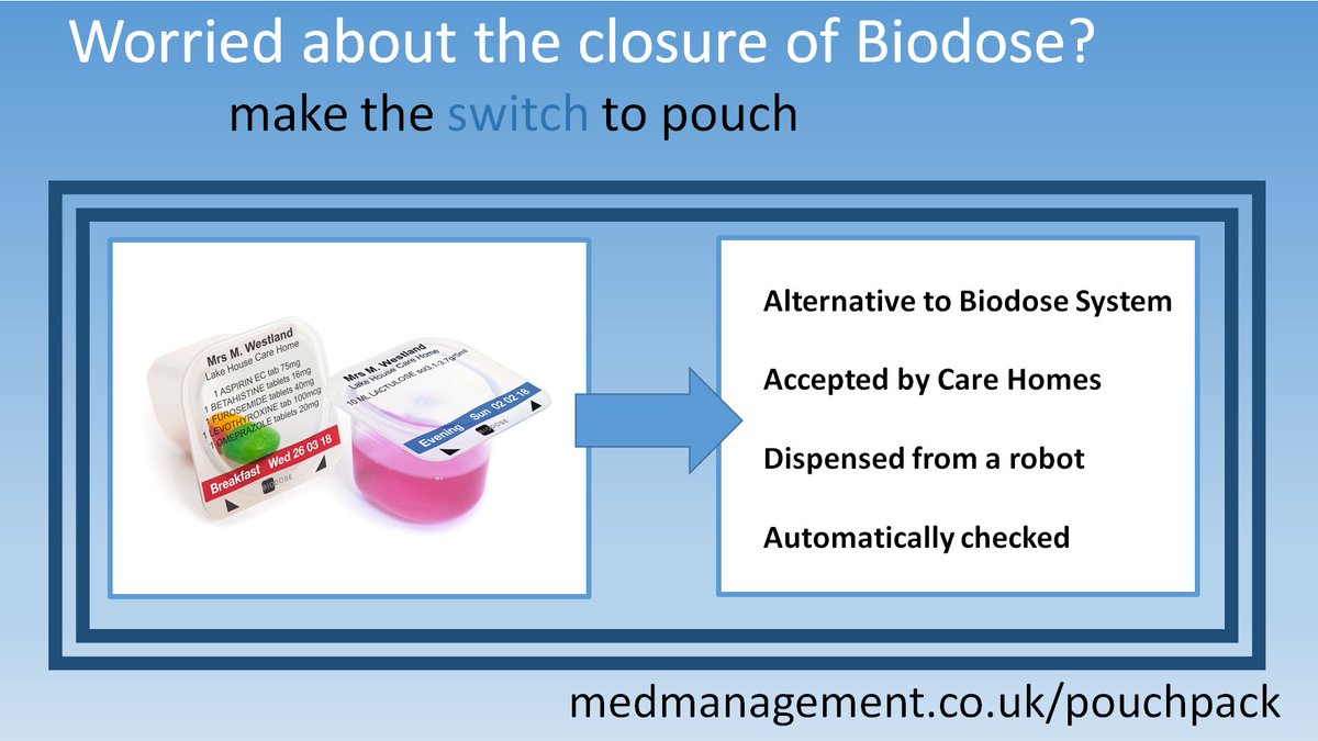 MedMgmtRobotics's tweet photo. With Biodose stopping production is it time to look at an alternative solution? Pouch is used by 97% of care homes across the Netherlands. Its a fully automated solution and it will drive down your costs. #biodose #protomed #pouch #Robotics #pharmacy https://t.co/ZCnRJqJadK