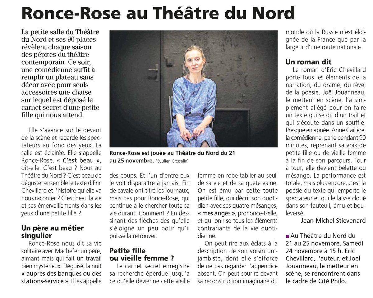 theatredunord's tweet photo. Merci à @LaCroix pour ce bel article ! 
#Leproces c'est finit, mais #roncerose revient au TDN ! ✌️

#autofictif #chevillard @JoelJouanneau https://t.co/LkVTU0NVqj