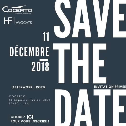 Cocerto's tweet photo. ⭐[ÉVÈNEMENT]⭐
EN PARTENARIAT AVEC @HFavocats nous vous invitons à notre Afterwork sur le thème du #RGPD mardi 11 décembre 2018 de 17h30 à 19h !
👉Obtenez toutes les réponses à vos questions!

 🚨🗓️ Places limitées, pensez à réserver sur larochesuryon@cocerto.fr ou au 0251374417 https://t.co/EEWytKgOvL