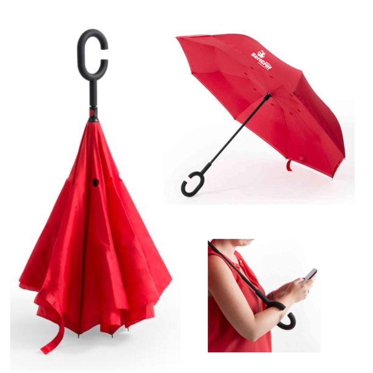 Paraguas reversible con mango para manos libres #gruposerigraf #serigrafiaciudadreal #paraguas #lluvia #felizlunes #reclamopublicitario #merchandising #regalosdeempresa #regalooriginal