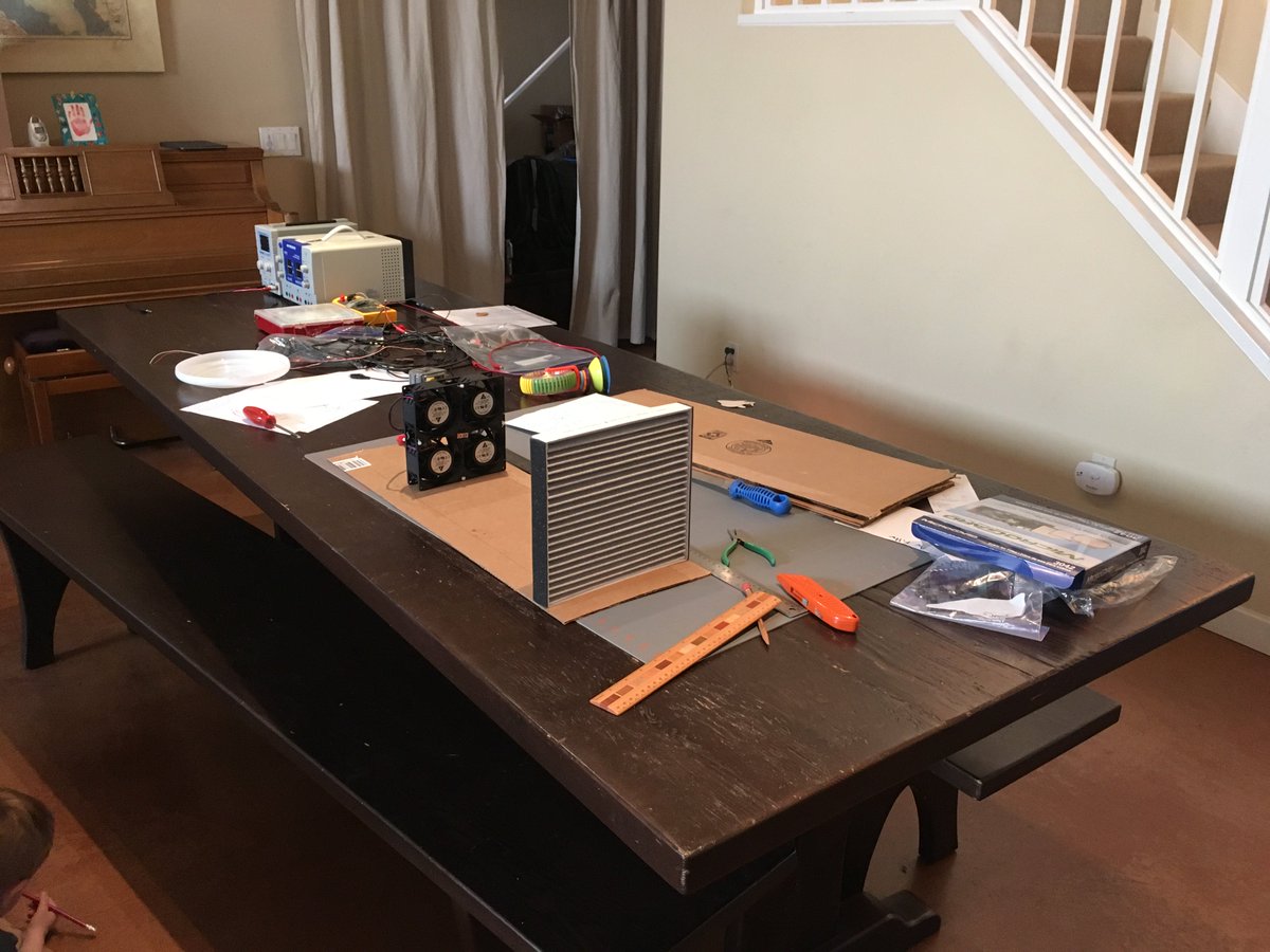 dordal's tweet photo. The #CampFireSmoke was starting to get to me, and there are no air purifiers left within 100 miles. So...an @amazon P9 box, four @Delta_Americas high speed server fans, and a @Lexus cabin air filter, and I'm moving 400 cu.ft./min of air, all for about $25. https://t.co/Cs2bAARKdo