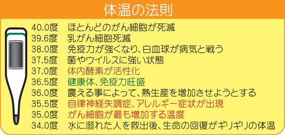 コインロッカーおじさんが
話題ですが低体温症は本当に危険。
特に一人暮らしのおじさんは
自宅の部屋で寝ていたら
低体温症が原因で
そのまま死んでいたりする。

体温36度以下は危険です。 