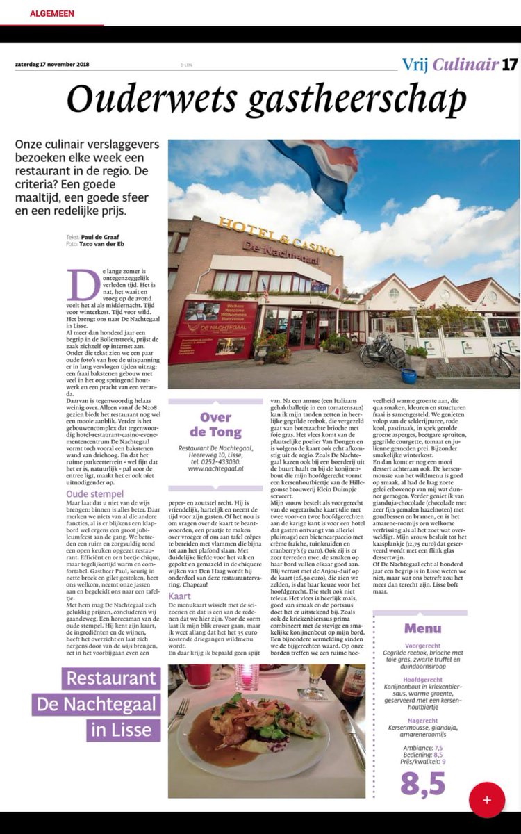 Opsteker voor het menu en personeel van Restaurant De Nachtegaal in Lisse wegens recensie in <a href="/LDDuinBollen/">Leidsch Dagblad D&B</a> <a href="/leidschdagblad/">Leidsch Dagblad</a> en <a href="/HaarlemDagblad/">HaarlemsDagblad</a> 
#opsteker #compliment #teamwork #restaurant #trots