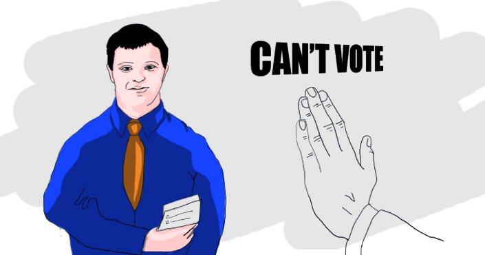 Person with Down Syndrome holding a ballot while person outside picture hold an hand up and says "Can't vote"