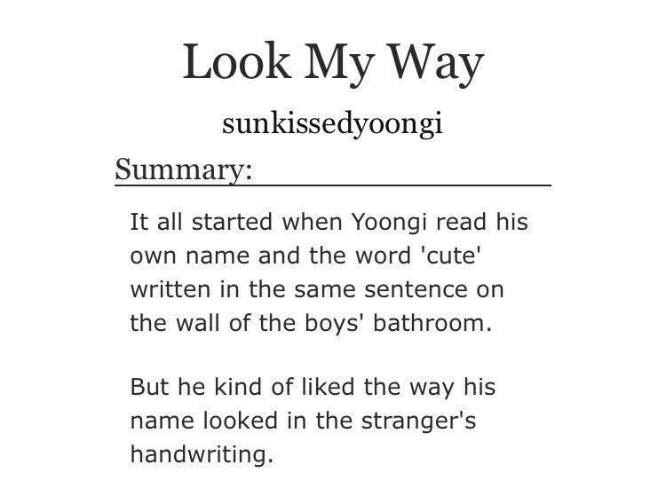 look my way- yoonmin wbk- high school au- really heart warming and fluffy its all feel good vibes!!! i promise!!!- sparkly purple  https://archiveofourown.org/works/4984486 