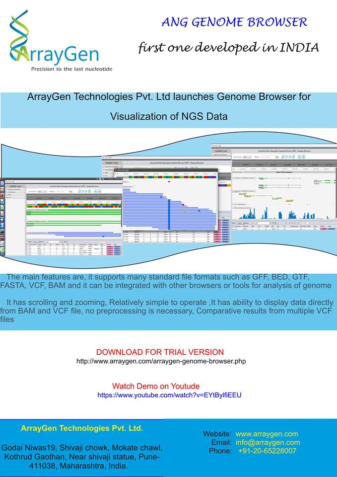 Rajesh00977's tweet photo. ArrayGen Technologies Pvt Ltd launches India's First Genome Browser NGS Tool . The browser runs with very smoothly with larger genome files and supports many file formats VCF,BED,GTF,GFF,BAM.
Please visit at https://t.co/o4TLKdAgWq  #genomebrouser #bioinformatics #genome https://t.co/SW7rxtuIct